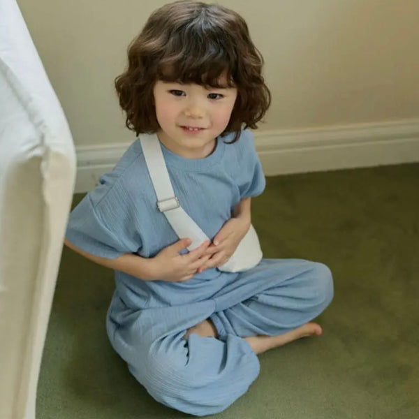 K0584 LLL 短袖直紋長褲套裝 藍色 3-4Y