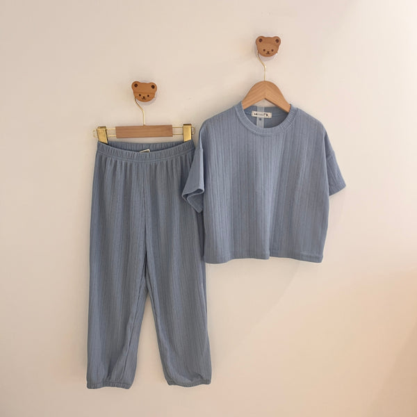 K0584 LLL 短袖直紋長褲套裝 藍色 3-4Y