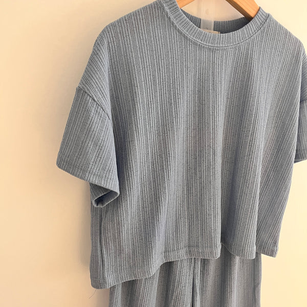 K0584 LLL 短袖直紋長褲套裝 藍色 3-4Y