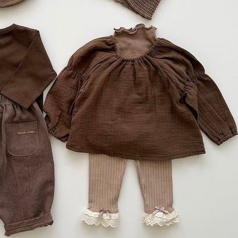 K0612 啡色泡泡袖上衣 3-4Y