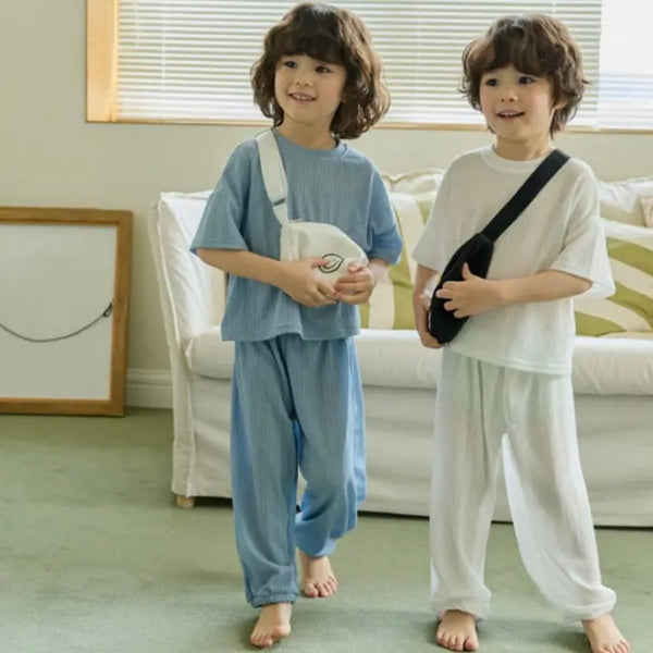 K0584 LLL 短袖直紋長褲套裝 藍色 3-4Y